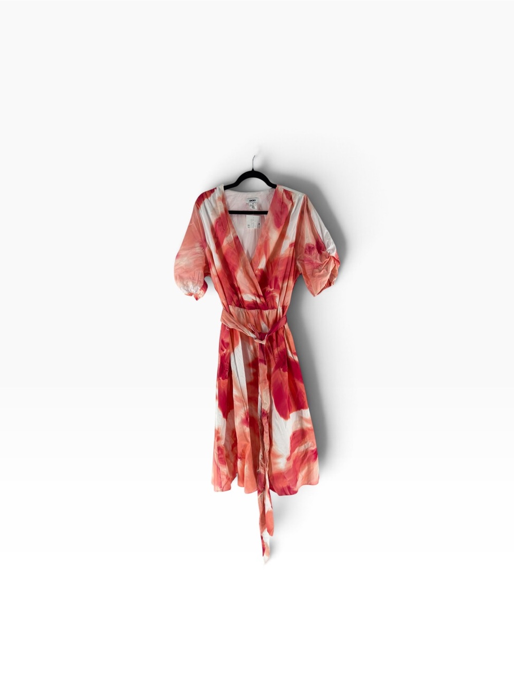 New DKNY Coral and White Watercolor Wrap Dress size 10 W - Picture 2 of 4